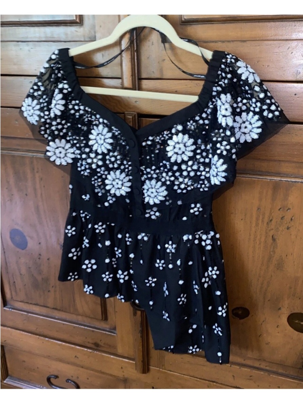SELF-PORTRAIT Black/White Sequined Asymmetrical Peplum Top-Women's UK 10/US 6